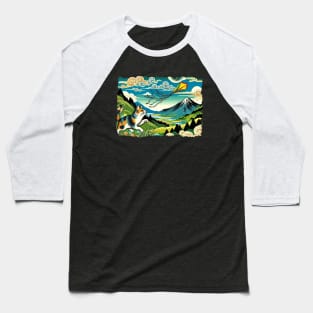 Vintage Japanese Art Kite Flying Mountain Mt. Fuji Cute Cat Baseball T-Shirt